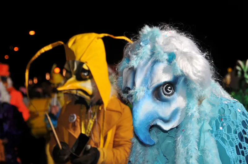 Zwei Fasnächtler mit gelber und hellblauer Vogel-Larve in der Nacht an der Luzerner Fasnacht