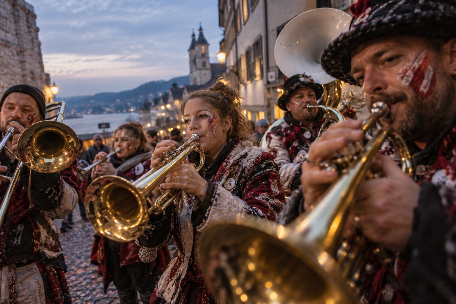 Fiktives Guggenensemble beim gemeinsamen Auftritt in einer Altstadtgasse, KI-Kampagnenmotiv