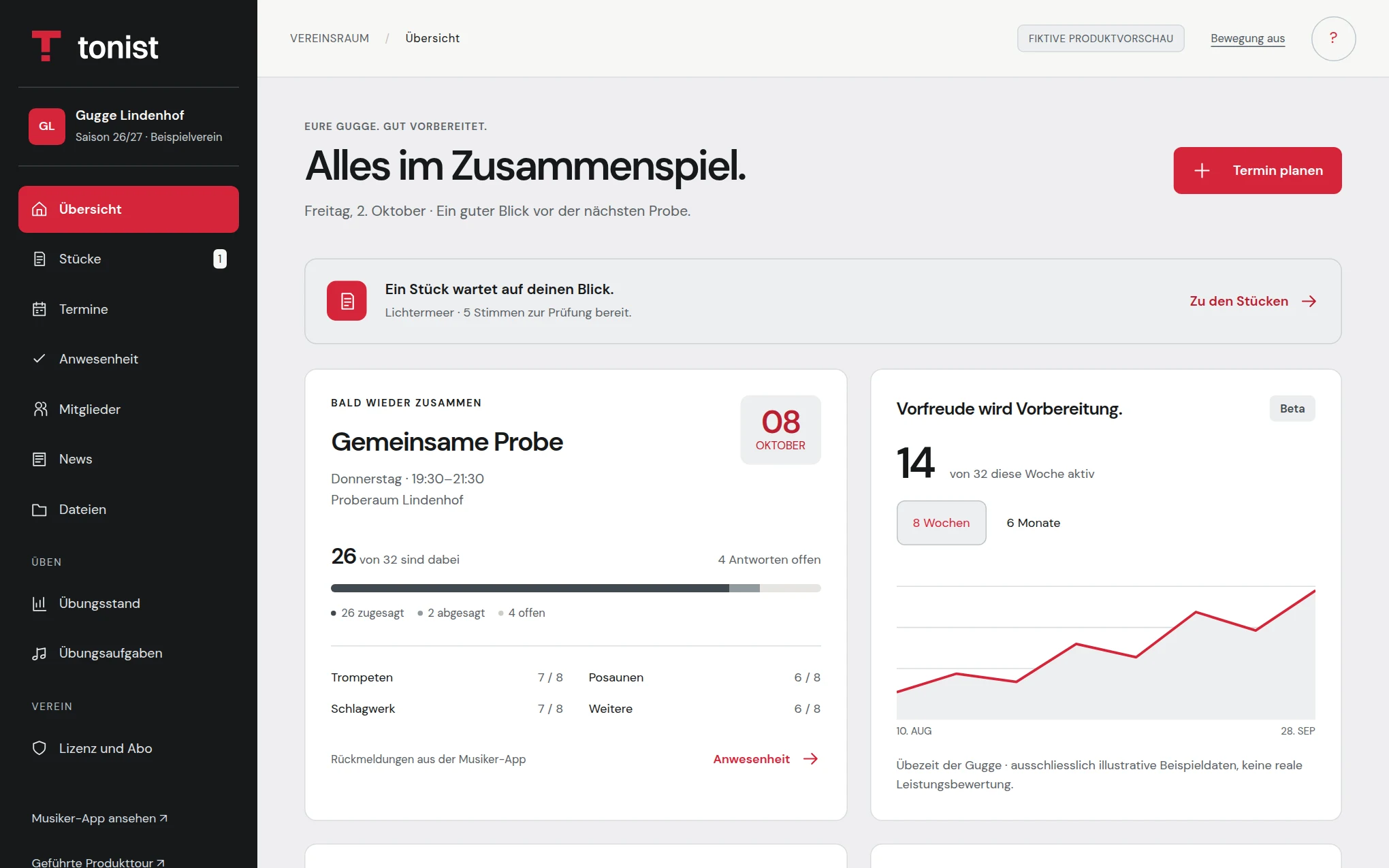 Tonist-Vereinsverwaltung mit Navigation zu Stücken, Terminen, Mitgliedern, News und Dateien eines Beispielvereins