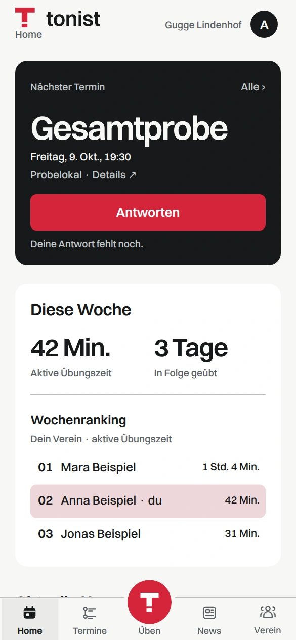 Tonist-App mit der nächsten Gesamtprobe, dem Knopf zum Antworten und dem Wochenstand eines Beispielvereins